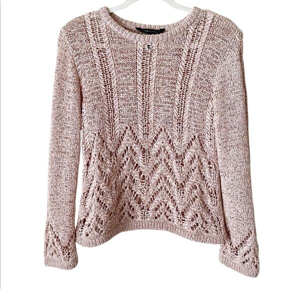 BCBGMaxAzria | Loose Knit Crochet Sweater Top Crew Neck Bare Pink XS - Picture 2 of 6